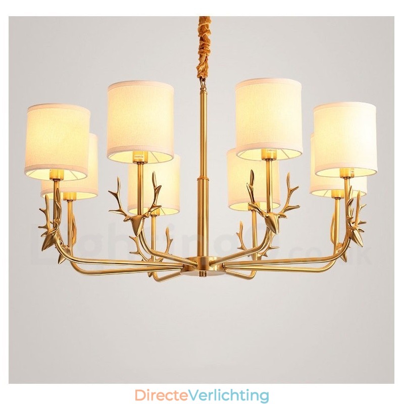 Luxe rustieke retro vintage kroonluchter van puur messing met hangkaars en stoffen kappen