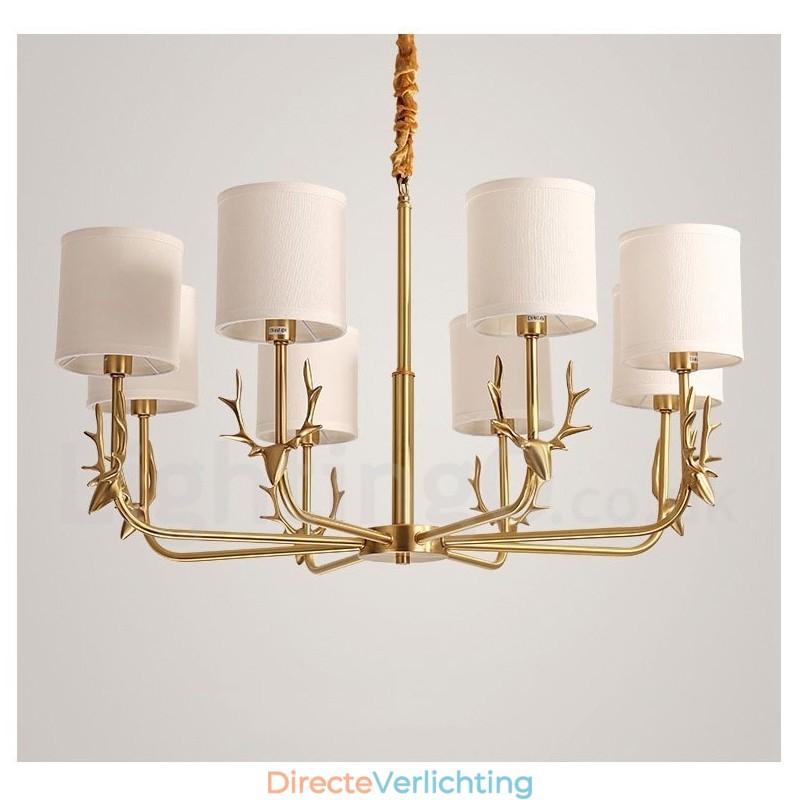 Luxe rustieke retro vintage kroonluchter van puur messing met hangkaars en stoffen kappen