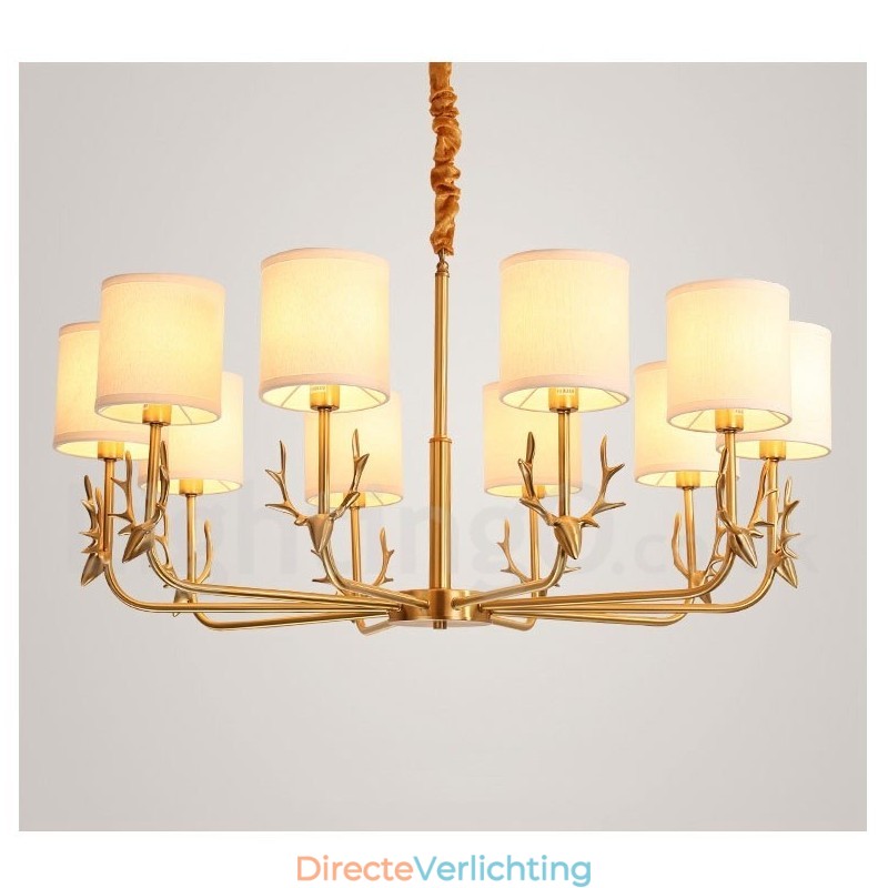 Luxe rustieke retro vintage kroonluchter van puur messing met hangkaars en stoffen kappen