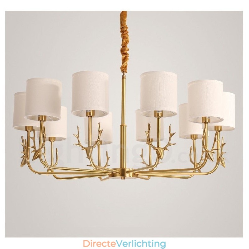 Luxe rustieke retro vintage kroonluchter van puur messing met hangkaars en stoffen kappen