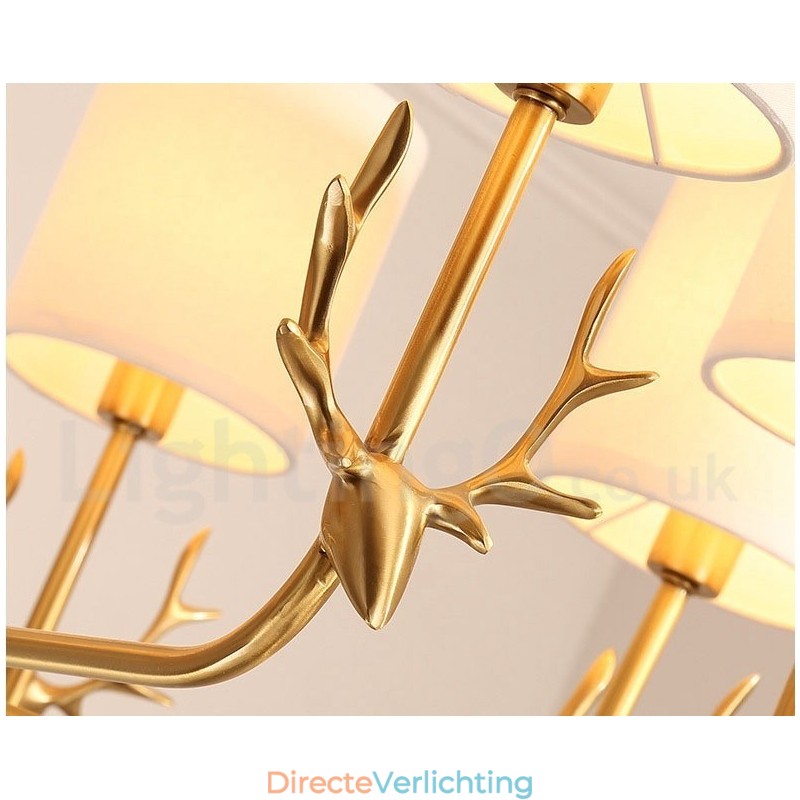 Luxe rustieke retro vintage kroonluchter van puur messing met hangkaars en stoffen kappen