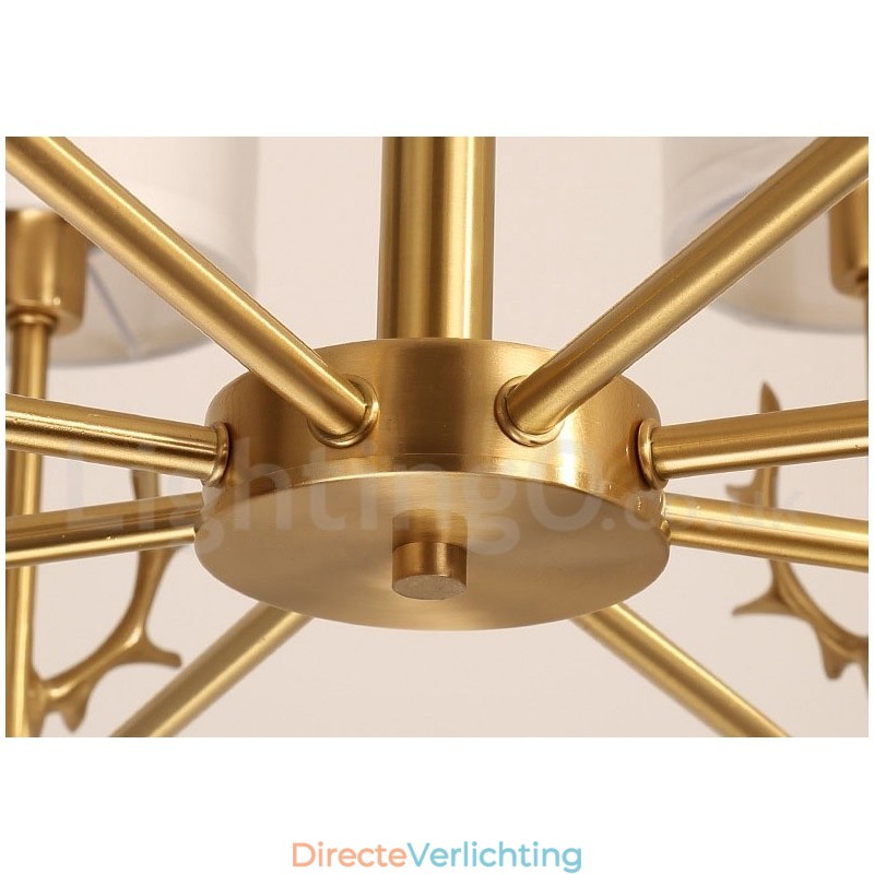 Luxe rustieke retro vintage kroonluchter van puur messing met hangkaars en stoffen kappen