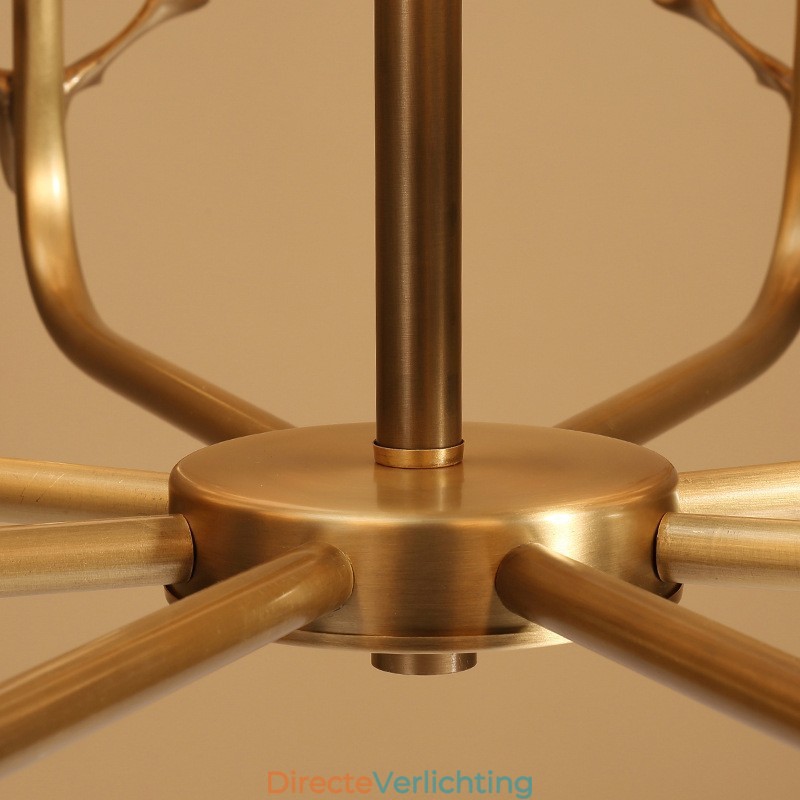Luxe rustieke retro vintage kroonluchter van puur messing met hangkaars en stoffen kappen