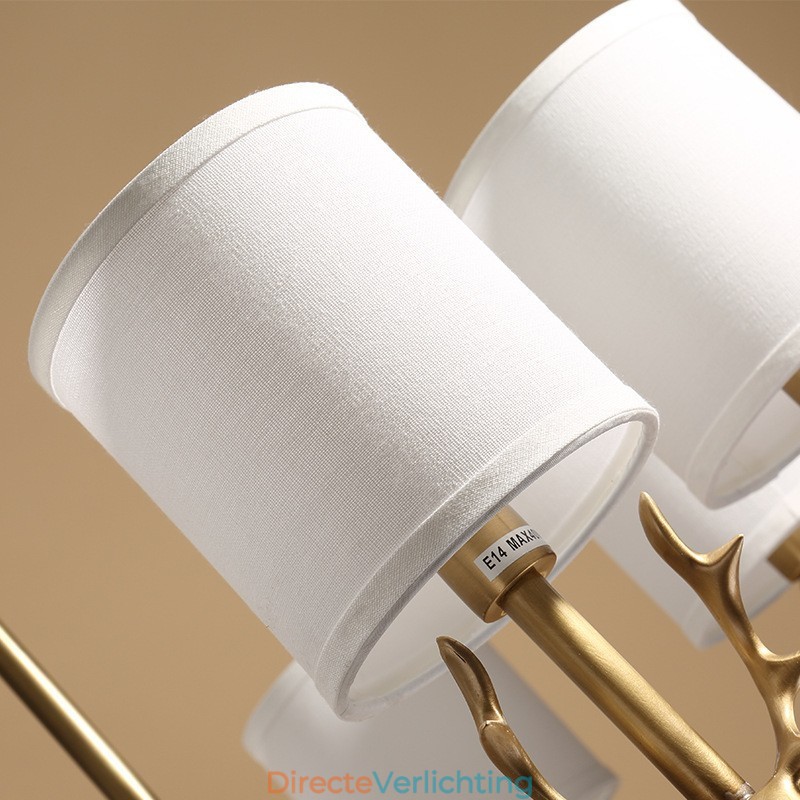 Luxe rustieke retro vintage kroonluchter van puur messing met hangkaars en stoffen kappen