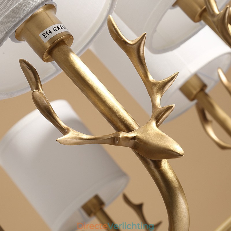 Luxe rustieke retro vintage kroonluchter van puur messing met hangkaars en stoffen kappen