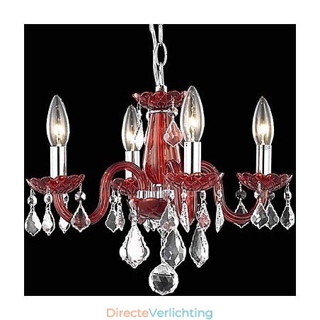 Kaars met kristallen kroonluchter met 4 lampen in rood Kaars met kristallen kroonluchter met 4 lampen in rood