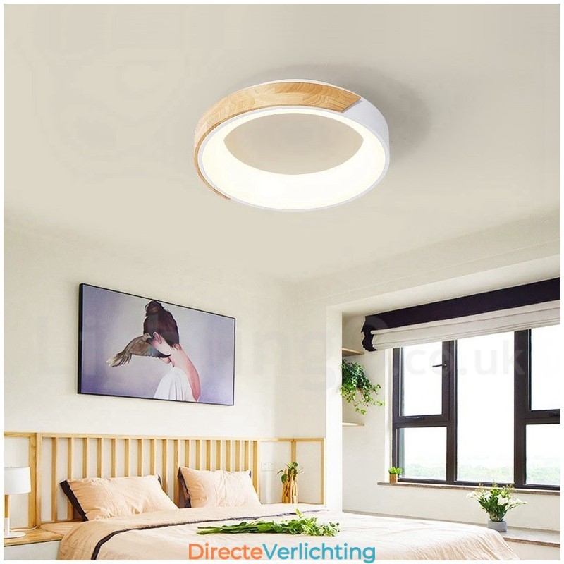 Dimbare ronde plafondlamp van hout met meerdere kleuren en acryl kap Plafondlamp in Scandinavische stijl