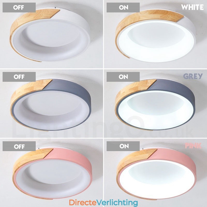 Dimbare ronde plafondlamp van hout met meerdere kleuren en acryl kap Plafondlamp in Scandinavische stijl