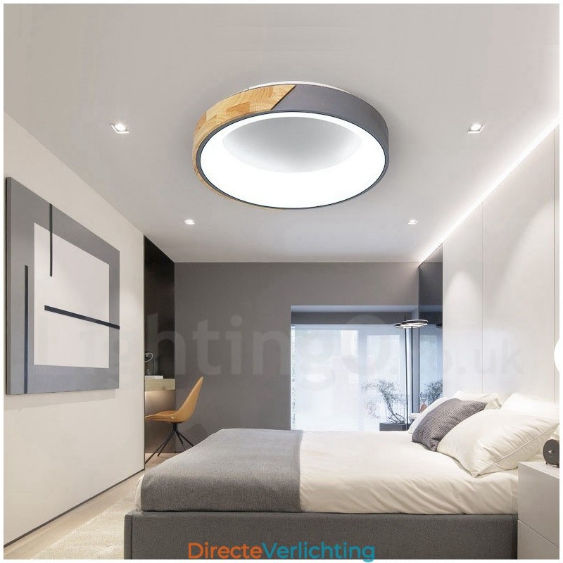 Dimbare ronde plafondlamp van hout met meerdere kleuren en acryl kap Plafondlamp in Scandinavische stijl