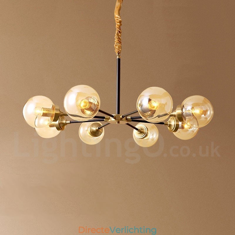 Luxe rustieke retro vintage kroonluchter van puur messing met glazen kappen