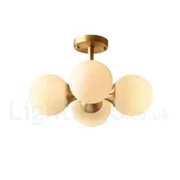 4-lichts plafondlamp van puur messing, modern en eigentijds, eenvoudig, rustiek, retro en vintage, met glazen kappen
