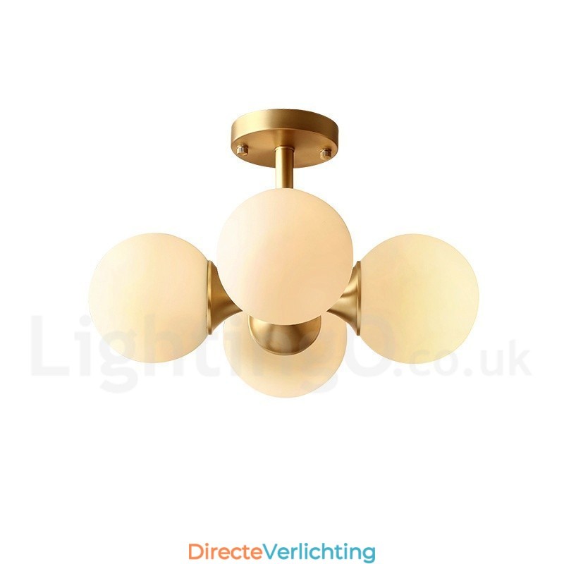 4-lichts plafondlamp van puur messing, modern en eigentijds, eenvoudig, rustiek, retro en vintage, met glazen kappen