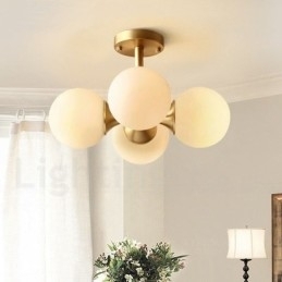 4-lichts plafondlamp van puur messing, modern en eigentijds, eenvoudig, rustiek, retro en vintage, met glazen kappen