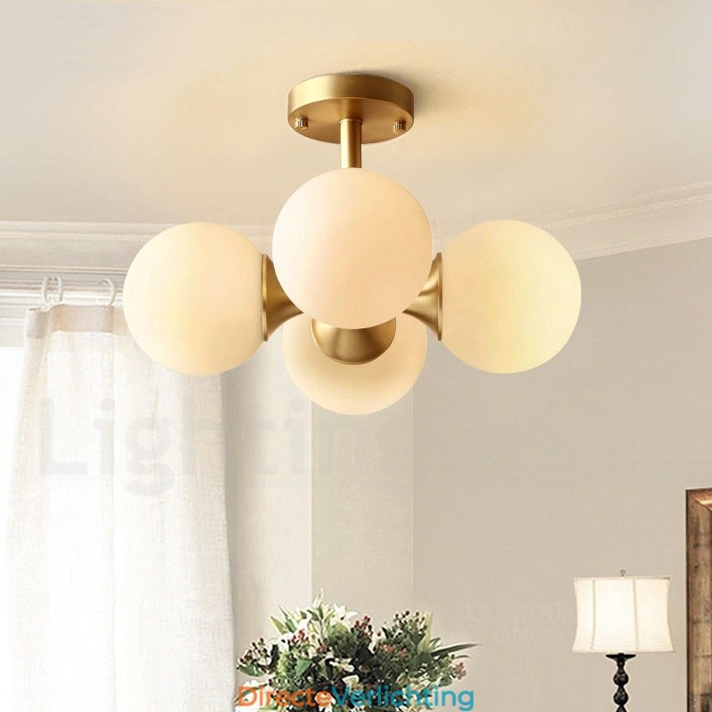 4-lichts plafondlamp van puur messing, modern en eigentijds, eenvoudig, rustiek, retro en vintage, met glazen kappen