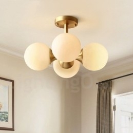 4-lichts plafondlamp van puur messing, modern en eigentijds, eenvoudig, rustiek, retro en vintage, met glazen kappen
