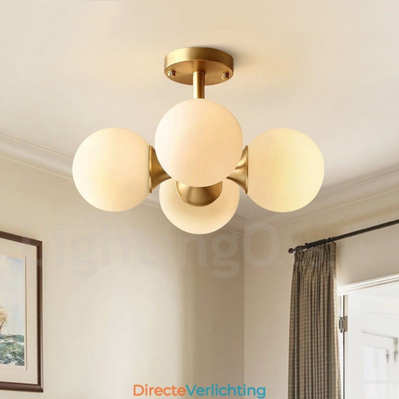 4-lichts plafondlamp van puur messing, modern en eigentijds, eenvoudig, rustiek, retro en vintage, met glazen kappen