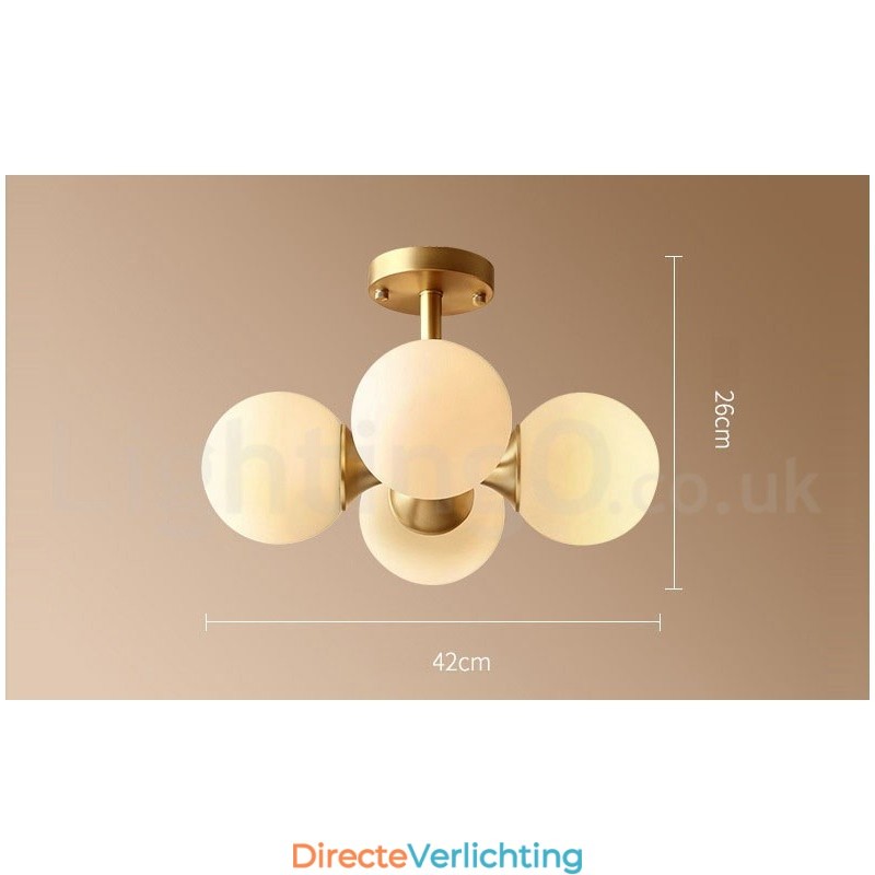 4-lichts plafondlamp van puur messing, modern en eigentijds, eenvoudig, rustiek, retro en vintage, met glazen kappen