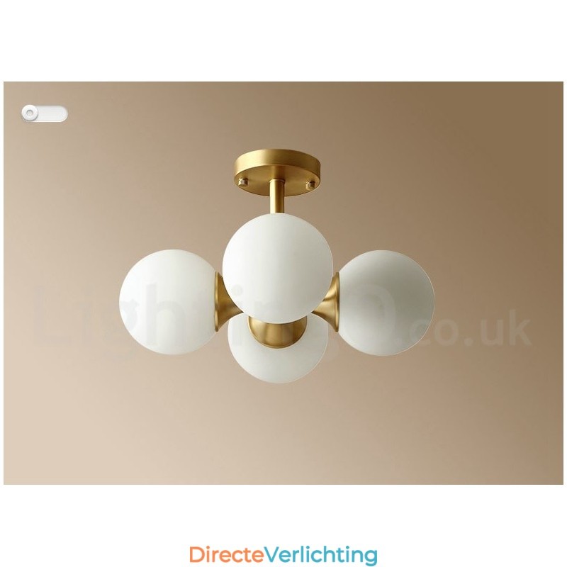4-lichts plafondlamp van puur messing, modern en eigentijds, eenvoudig, rustiek, retro en vintage, met glazen kappen
