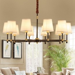 Grote luxe rustieke retro vintage kroonluchter van puur messing met stoffen kappen