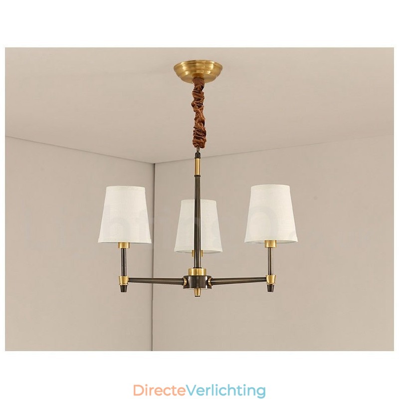 Grote luxe rustieke retro vintage kroonluchter van puur messing met stoffen kappen