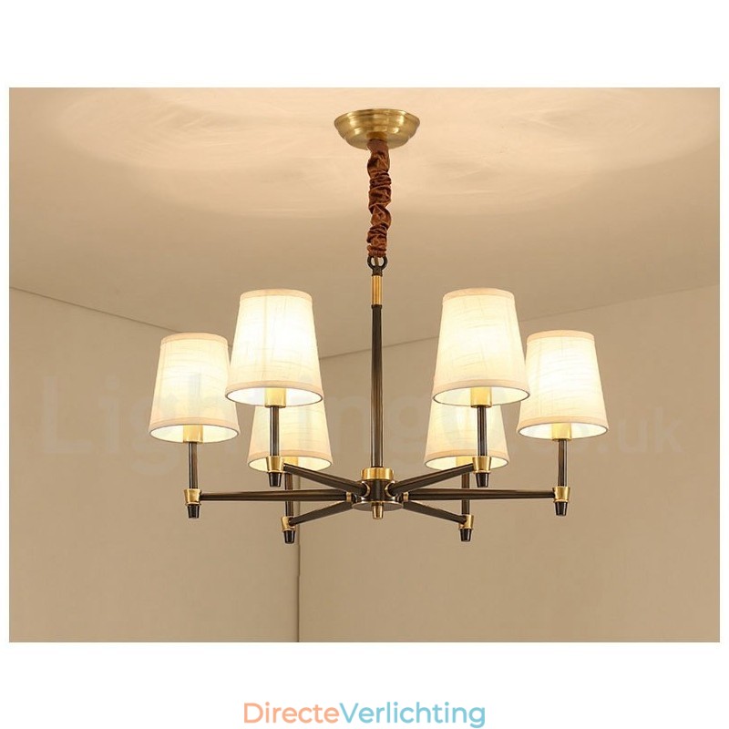 Grote luxe rustieke retro vintage kroonluchter van puur messing met stoffen kappen