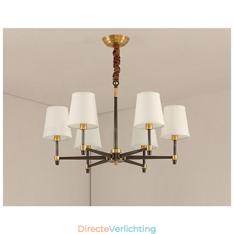 Grote luxe rustieke retro vintage kroonluchter van puur messing met stoffen kappen