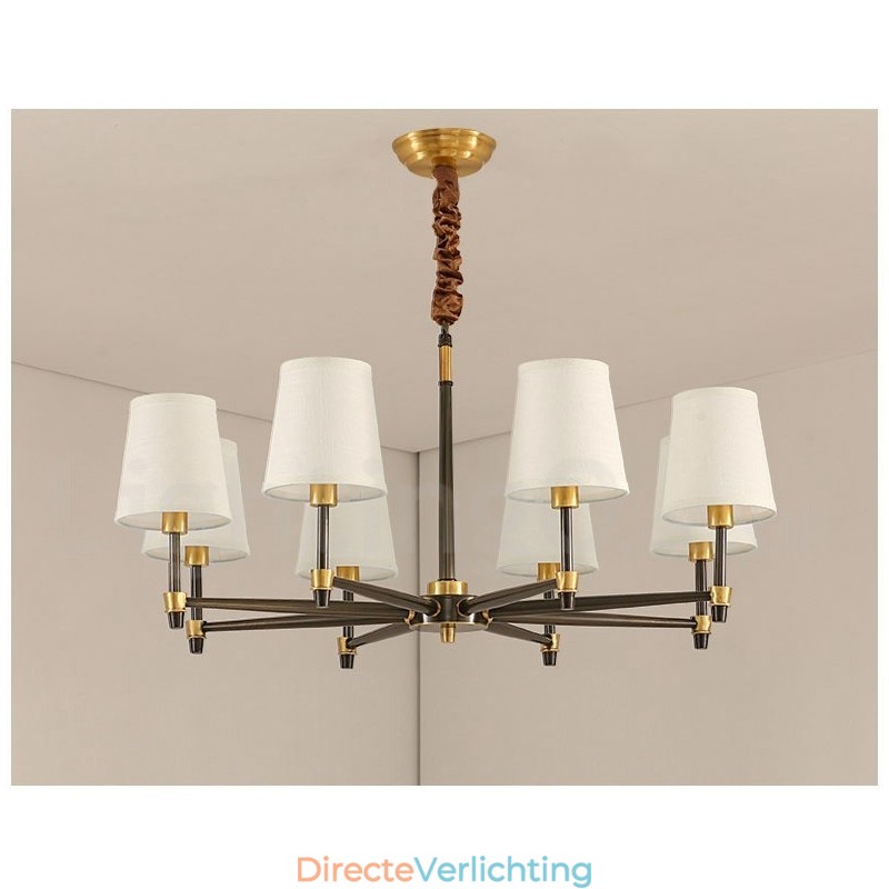 Grote luxe rustieke retro vintage kroonluchter van puur messing met stoffen kappen
