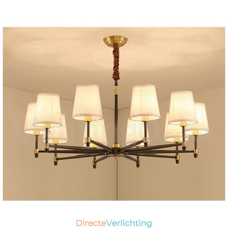 Grote luxe rustieke retro vintage kroonluchter van puur messing met stoffen kappen