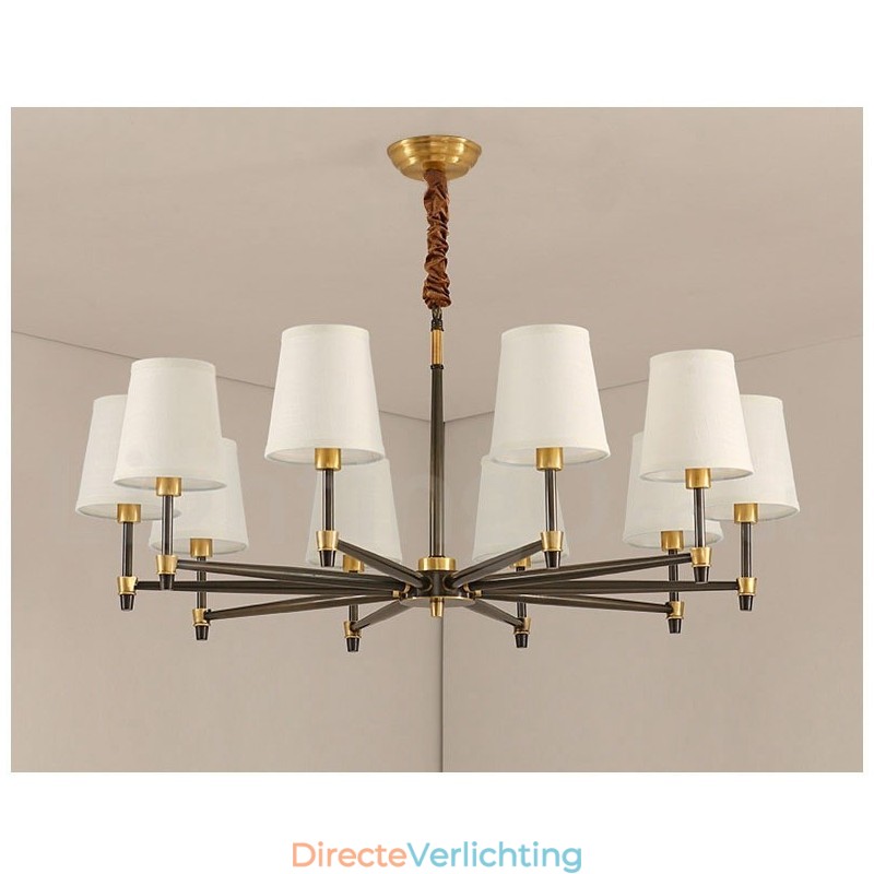 Grote luxe rustieke retro vintage kroonluchter van puur messing met stoffen kappen