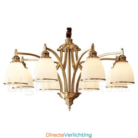 Grote luxe rustieke retro vintage kroonluchter van puur messing met glazen kappen Grote luxe rustieke retro vintage kroonluchter van puur messing met glazen kappen