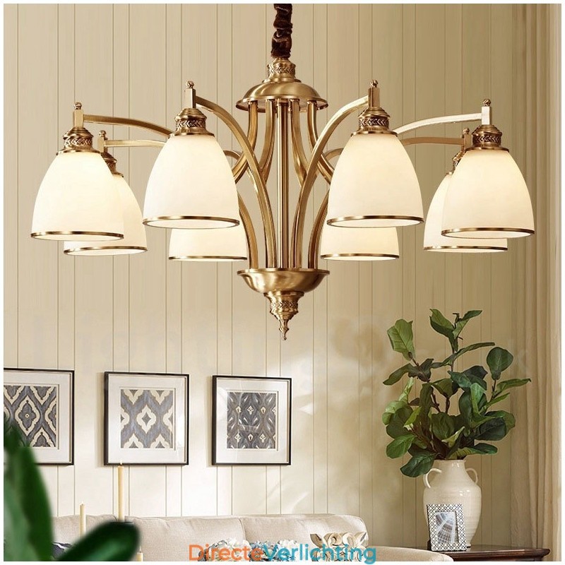 Grote luxe rustieke retro vintage kroonluchter van puur messing met glazen kappen