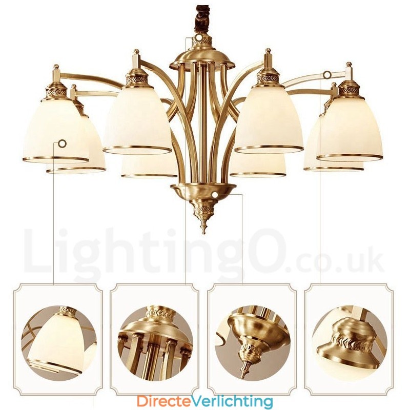 Grote luxe rustieke retro vintage kroonluchter van puur messing met glazen kappen