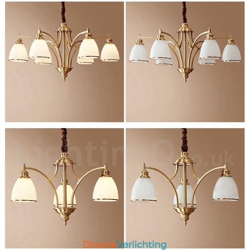 Grote luxe rustieke retro vintage kroonluchter van puur messing met glazen kappen