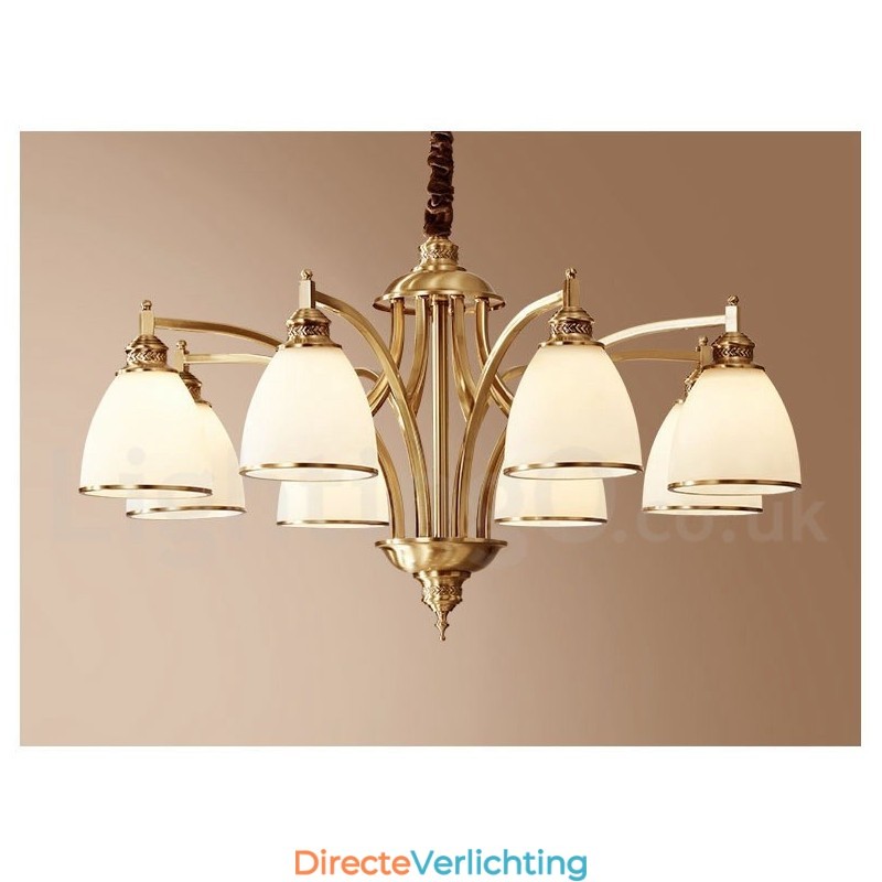 Grote luxe rustieke retro vintage kroonluchter van puur messing met glazen kappen