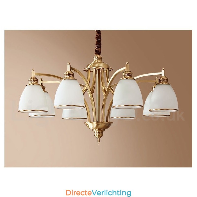 Grote luxe rustieke retro vintage kroonluchter van puur messing met glazen kappen
