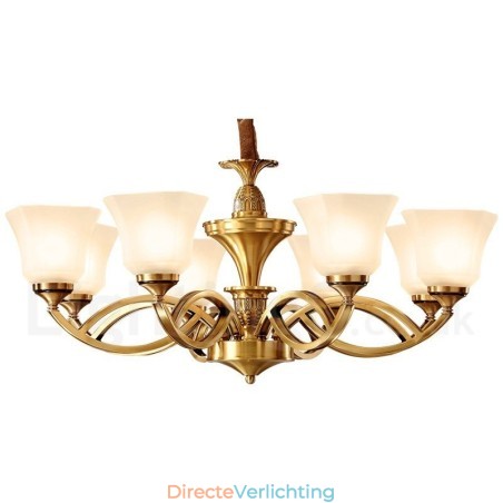 Grote luxe rustieke retro vintage kroonluchter van puur messing met glazen kappen Grote luxe rustieke retro vintage kroonluchter van puur messing met glazen kappen