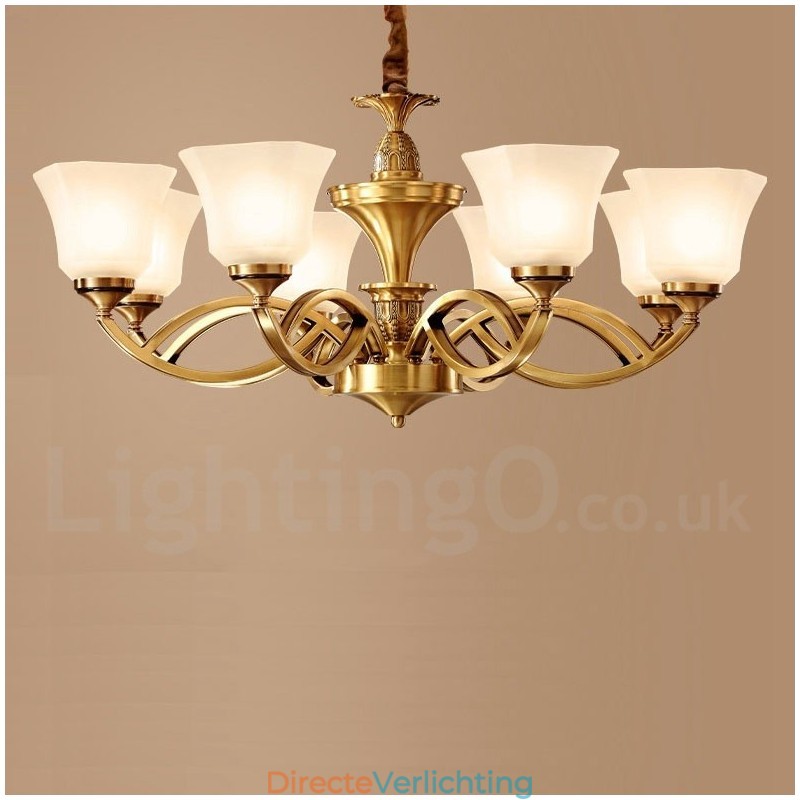 Grote luxe rustieke retro vintage kroonluchter van puur messing met glazen kappen