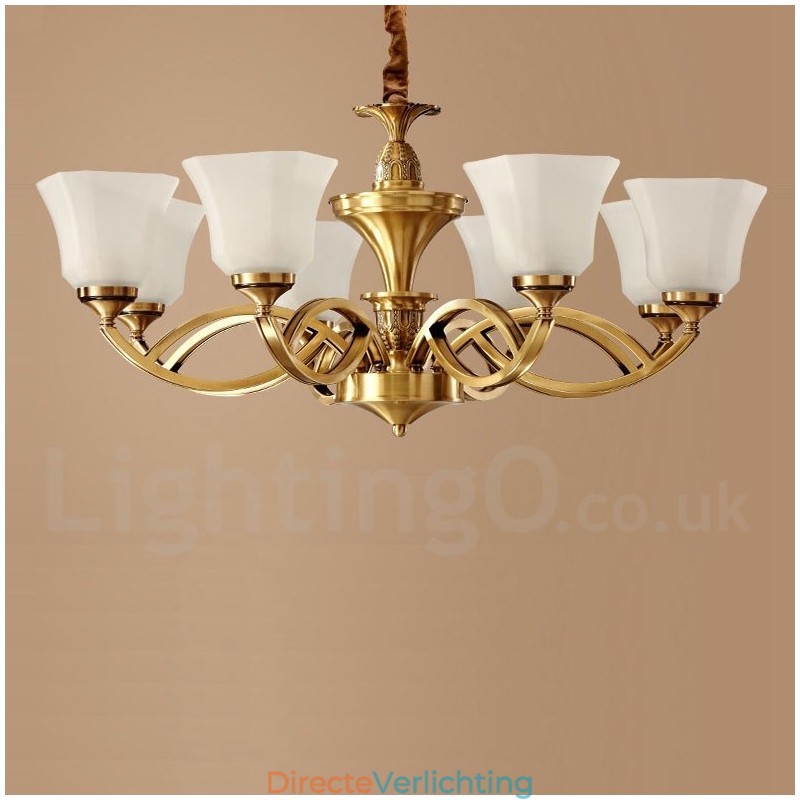 Grote luxe rustieke retro vintage kroonluchter van puur messing met glazen kappen