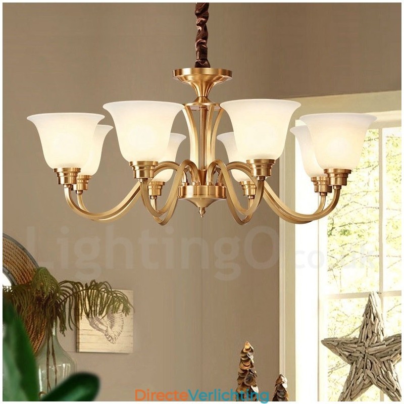 Grote luxe rustieke retro vintage kroonluchter van massief messing met glazen kappen van puur messing