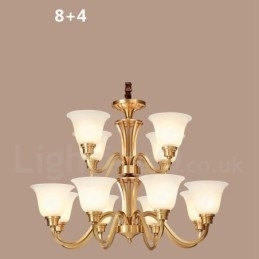 Grote luxe rustieke retro vintage kroonluchter van massief messing met glazen kappen van puur messing