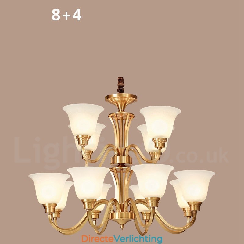 Grote luxe rustieke retro vintage kroonluchter van massief messing met glazen kappen van puur messing