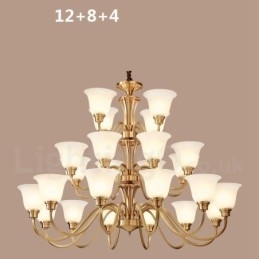 Grote luxe rustieke retro vintage kroonluchter van massief messing met glazen kappen van puur messing
