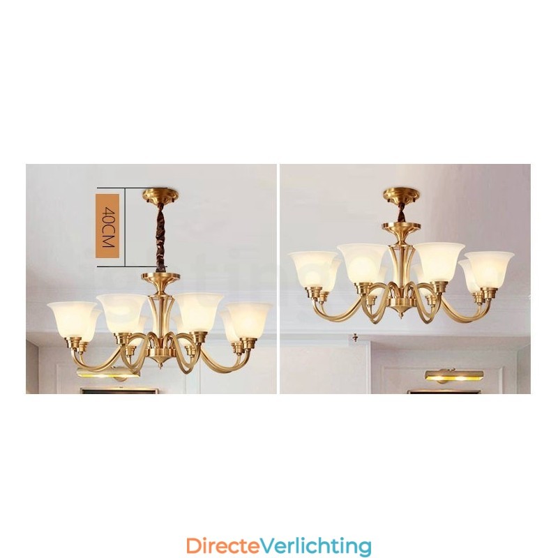 Grote luxe rustieke retro vintage kroonluchter van massief messing met glazen kappen van puur messing