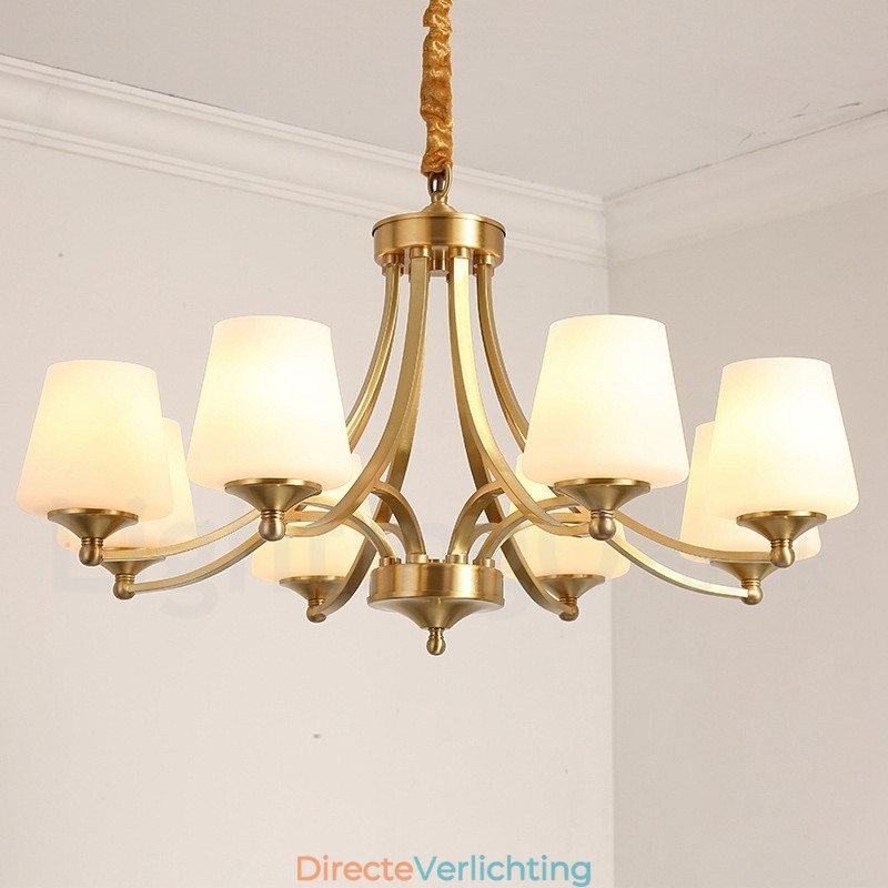 Grote luxe rustieke retro vintage kroonluchter van puur messing met glazen kappen