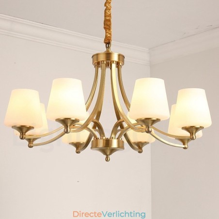 Grote luxe rustieke retro vintage kroonluchter van puur messing met glazen kappen Grote luxe rustieke retro vintage kroonluchter van puur messing met glazen kappen