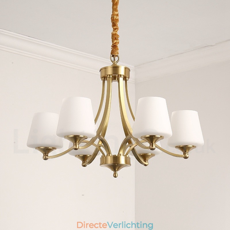 Grote luxe rustieke retro vintage kroonluchter van puur messing met glazen kappen