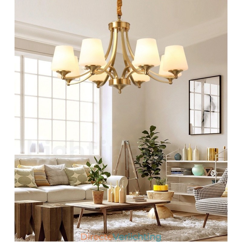 Grote luxe rustieke retro vintage kroonluchter van puur messing met glazen kappen