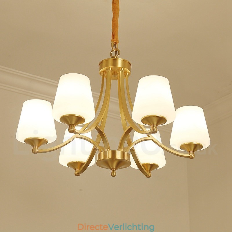 Grote luxe rustieke retro vintage kroonluchter van puur messing met glazen kappen