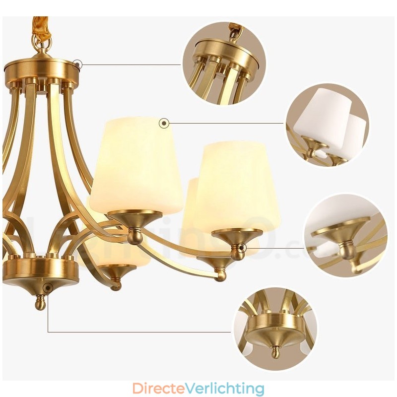 Grote luxe rustieke retro vintage kroonluchter van puur messing met glazen kappen