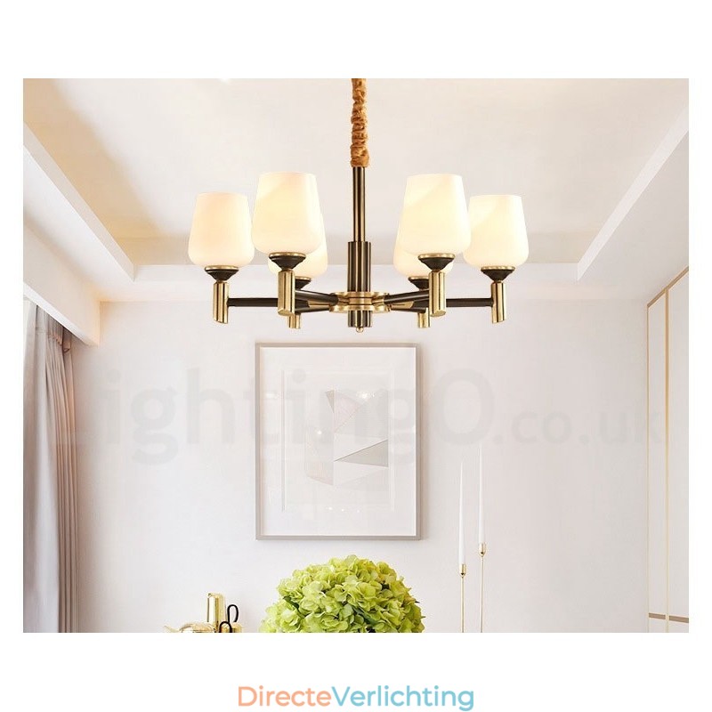 Grote luxe rustieke retro vintage kroonluchter van puur messing met glazen kappen